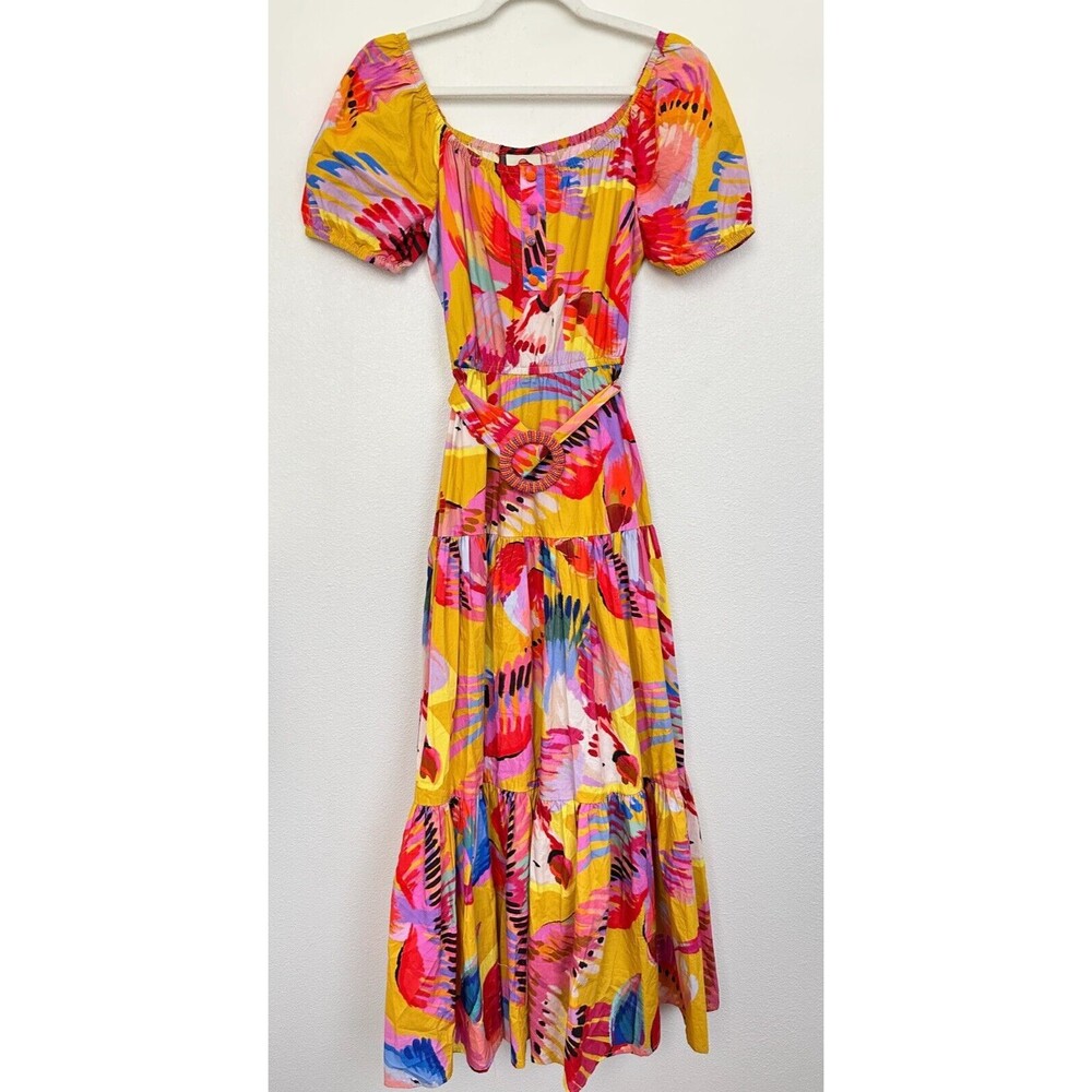 Farm Rio by Anthropologie Neon Macaws Puff Sleeve Maxi Dress Tiered Women Small - Picture 3 of 11